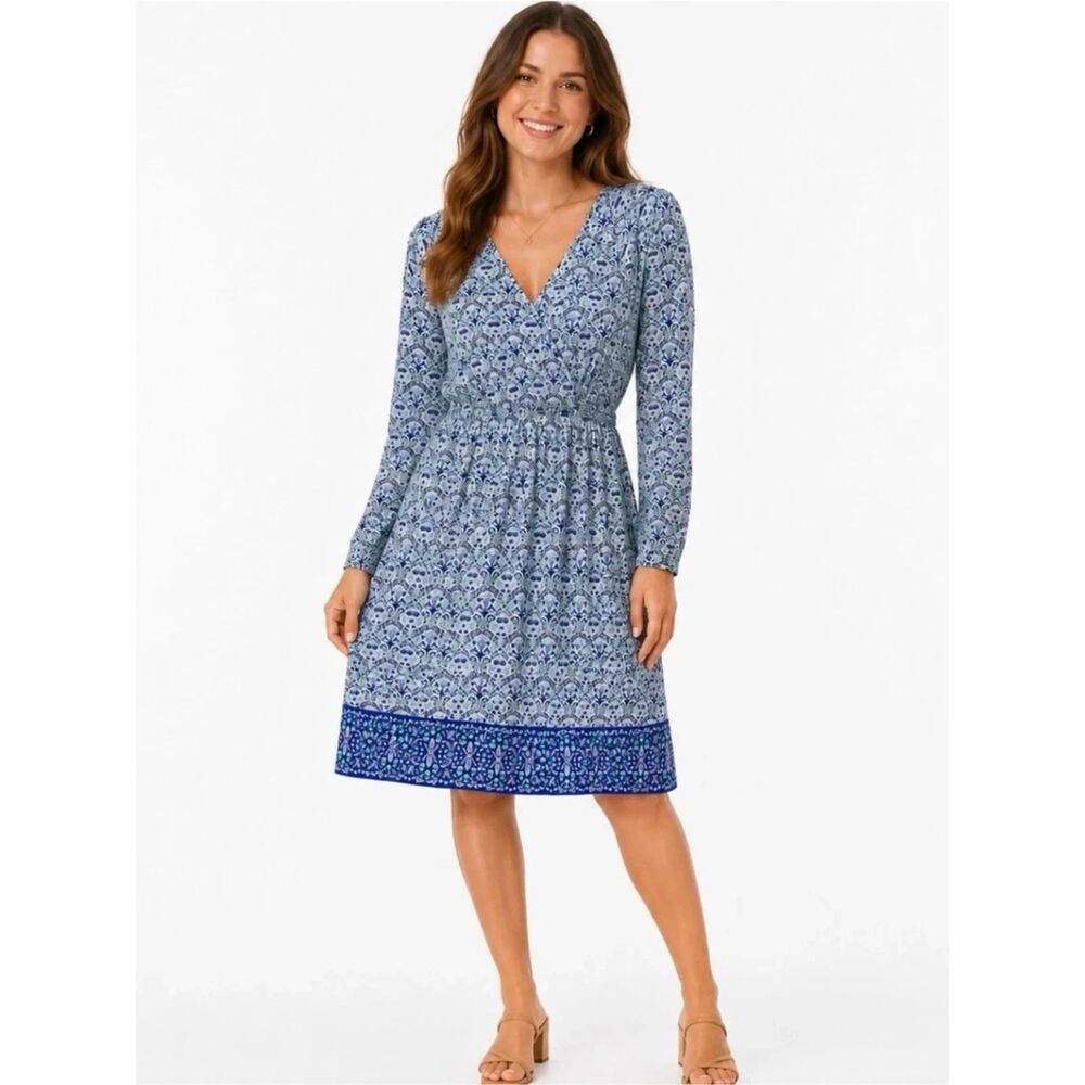 Coolibar UPF 50+ Floral Long-sleeve Faux-wrap Dress Women's S Blue Sundress